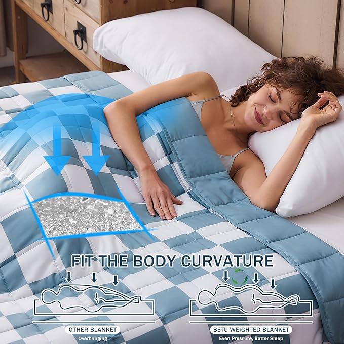 Blue Checkered Weighted Blanket for Adults 15lbs, 48"x72", Twin Full Size Cooling Plaid Heavy Throw Blanket for 120-160lbs, Microfiber Soft Thick Big Blankets Weighted Comforter Gift for Sleeping