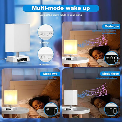 Sunrise Alarm Clock Wake Up Light - 3 Color LED with Sound & Light Awakening, Bioclock Adjustment & APP Control, Square Linen Shade for Bedroom Bedside