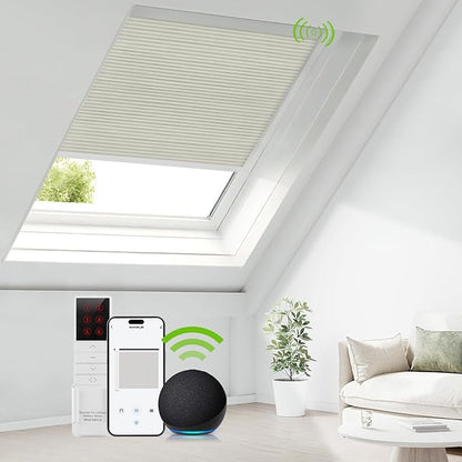 ZSTARR Motorized Skylight Shades Blackout Cellular Honeycomb Electric Blinds with Solar Panel Cordless Rechargeable with Remote for Roof and Slanted Windows Custom Size (BO Printed Cream White)