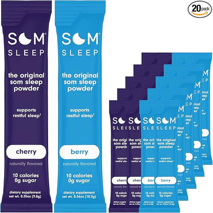 Som Sleep Zero Sugar Sleep Powder Drink Mix, Magnesium, L-Theanine, GABA, Melatonin (3mg), B6, Restful Sleep Support, Sleep Aid Supplement, Vegan, Non-GMO, Gluten-Free, 20 Stick Packs