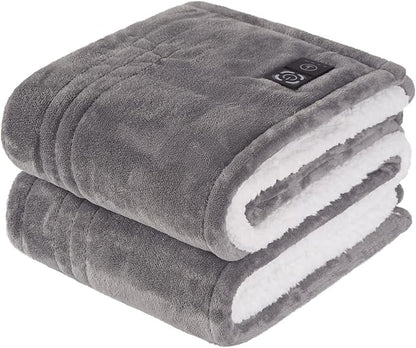 Sealy Heated Blanket Throw with Built-in Button Controller, Reversible Flannel to Sherpa Electric Blanket with 2-10 Hours Auto-Off & 4 Heating Levels, Over-Heat Protection, 50x60 inch, Light Grey