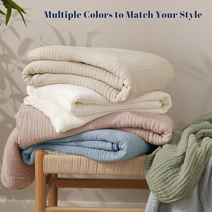 PHF Cooling Muslin Blanket Queen Size 90"x80", 6-Layer Lightweight Gauze Blanket Made from 35% Rayon Derived from Bamboo & 65% Cotton, Breathable & Ultra Soft Cozy for Hot Sleepers, Dusty Blue