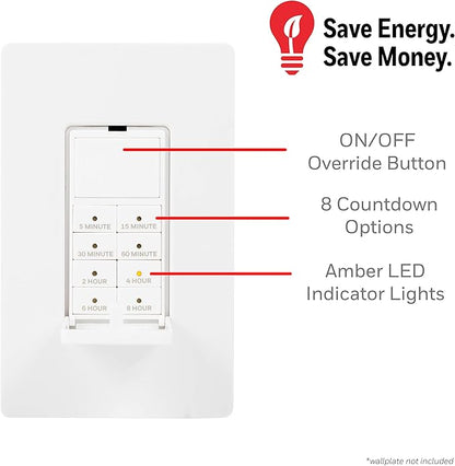UltraPro Wall Push Timer, 8 Easy-to-Use Preset, Countdown Options, Manual ON/Off Buttons overrides, Indoor or Outdoor Lighting – 40989, 1 Pack, White