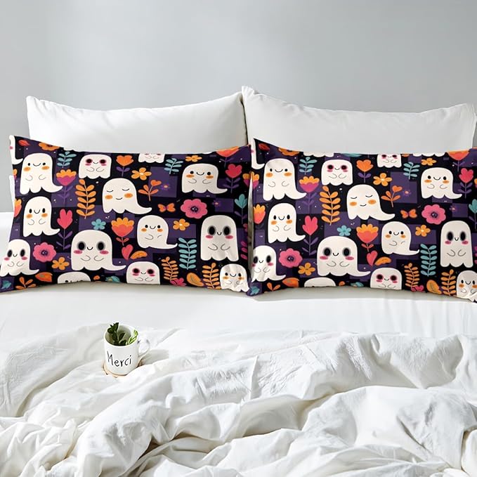 Cartoon Ghosts Bedding Set Twin Size Halloween Ghost Cute Groovy Daisy Flowers Bed Set for Teens Kids Sheet Purple Squares Grids Patchwork Black Bed Cover(1 Fitted Sheet+1 Pillow Case)