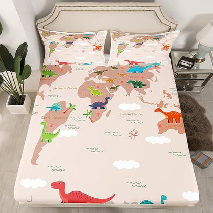 Kawaii Dinosaur Fitted Bottom Sheet Twin Size,World Land Ocean Silhouette Sheet Set Soft Polyester Bedding(No Top Sheet),Cartoon Wildlife Rustic Trees Bed Cover(1 Fitted Sheet+1 Pillow Case)