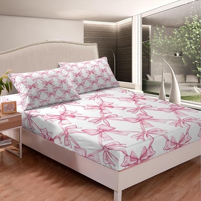 Pink Bowknot Bedding Set Full Size,Watercolor Bow-tie Princess Style Paint Fitted Sheet,Dreamy Bow Crossed Grids Lines Pink White Sheet Set for Kids Teens Adults Bedroom Decor,2 Pillowcases