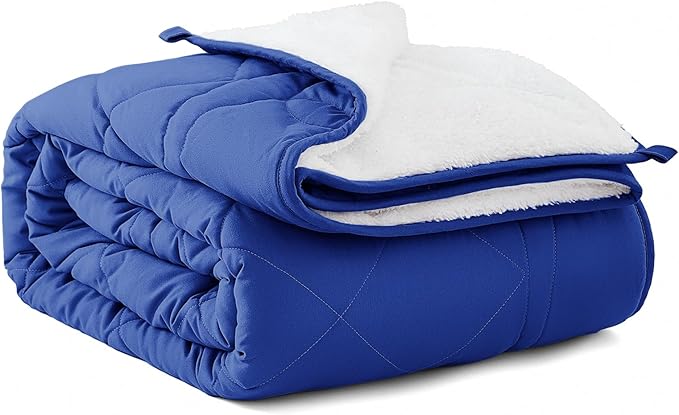 OMYSTYLE Sherpa Reversible Weighted Blanket, Cooling Heavy Blanket for Adults, Reversible Design with Plush Sherpa Fleece and Velvety Brushed, King Size(30lbs, 88''x104''), All Season Use, Blue
