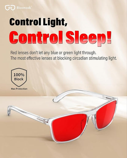 Bloomoak 100% Red Lens Blue Green Light Blocking Glasses- Dual AR Coatings Sleep Glasses Before Bed - Anti Glare, Fatigue