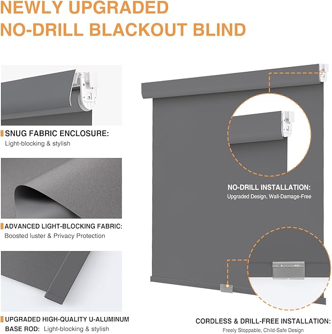 AOSKY No Drill Cordless Blackout Roller Shades with Valance,Customize Blinds for Indoor Windows,Room Darkening Window Shades Pull Down with Free-Stop Spring System, UV Protection for Home Grey