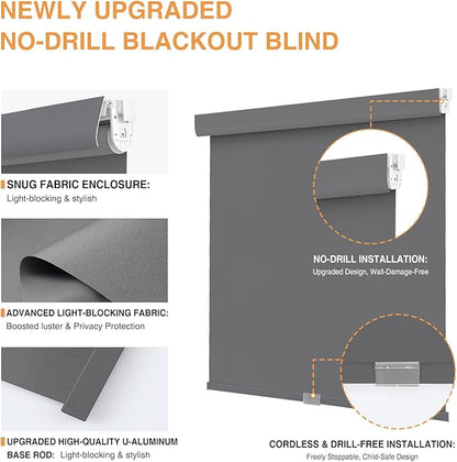 AOSKY No Drill Cordless Blackout Roller Shades with Valance,Customize Blinds for Indoor Windows,Room Darkening Window Shades Pull Down with Free-Stop Spring System, UV Protection for Home Grey