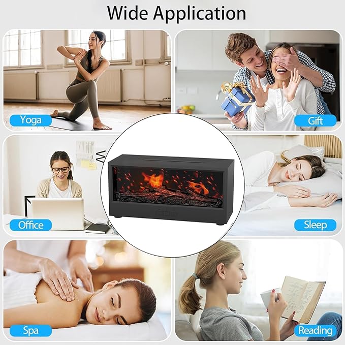 Fireplace Flame Diffuser, 150ml Desktop Intelligent Ultrasonic Essential Oil Diffuser, 7-Color Flame Simulation Firewood Diffuser, Remote Control, Timer & Auto-Off for Home, Room (Black)