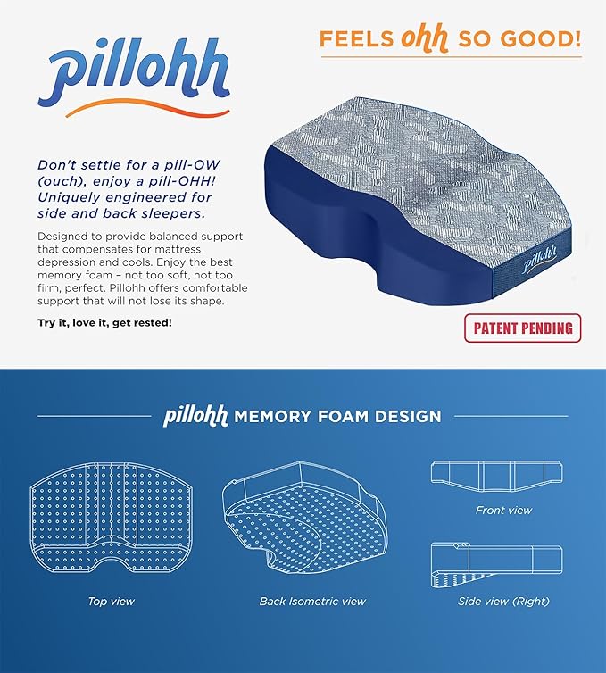 pillohh. Ergonomic Side Sleeper Contoured Pillow for Neck & jaw Comfort. CertiPUR-US Memory Foam. Patent Pending Orthopedic Contoured Base Design. Cooling Airflow Foam and Breathable Fabric Cover.