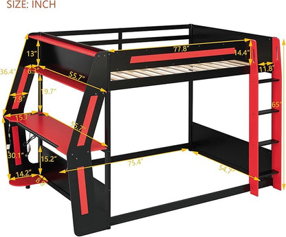 Wooden Bunk Bed with Desk & Charging Station & RGB Light Strip,Full Size Gaming Bunk Bed Frame with Storage Shelves,Safety Guardrails & Ladder for Kids Teens Adults Bedroom,Under-Bed Space,Red
