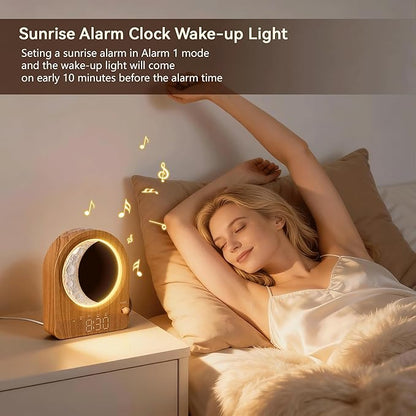 Sunrise Alarm Clocks with Dimmable Moon Lamp, 2 Alarm Clocks with 12Levels Volume for Heavy Sleepers, 10 Natural Sounds with 30/60/90mins Timer for Bedrooms, Gifts for Women (Brown Woodgrain)