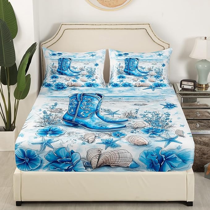 Cowboy Boots Bedding Set Twin Size Western Tribal Blue Flowers Bed Set for Teens Kids Sheet Seaside Beach Shell Conch Watercolor Tie Dye Paint Bed Cover(1 Fitted Sheet+1 Pillow Case)