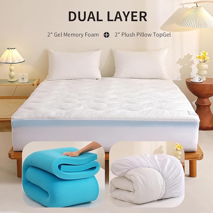 4 inch Dual Layer Twin Mattress Topper for Back Pain Relief，2 Inch Cooling Gel Memory Foam Plus 2 Inch Pillow Top Mattress Pad Cover 15% Viscose Made from Bamboo, with 6-16 Inch Deep Pocket (Twin)