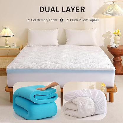 4 inch Dual Layer Twin Mattress Topper for Back Pain Relief，2 Inch Cooling Gel Memory Foam Plus 2 Inch Pillow Top Mattress Pad Cover 15% Viscose Made from Bamboo, with 6-16 Inch Deep Pocket (Twin)