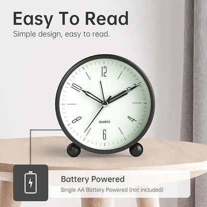 Analog Alarm Clock, 4 inch Super Silent Non Ticking Small Clock with Night Light, Battery Operated, Simple Design, Old Fashioned Style Black Decor, for Bedroom, Bedside, Desk, Adult, Kid, Gift, Black