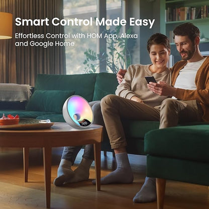 HOM Smart Sunrise Alarm Clock with Wake-Up Light & FM Radio - Digital Clock and Lamp with 7 Natural Sounds and 7 Light Colors - Easy Control via Amazon Alexa and Google Home