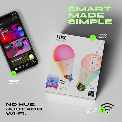 LIFX Everyday A19 Smart LED Light Bulb, 800 Lumens, 90+ CRI, Color Changing, Dimmable, Wi-Fi, Matter Compatible, Compatible with Alexa, Google, Apple Home & SmartThings, LFXEA19800RGBCW/2, 2-Pack
