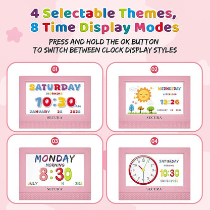 Secura TimeTact Reminder for Kids, 7" LED Talking Alarm Clock with Countdown Visual Timer, 17 Daily Reminders & 5 Custom Alarms Habit Reminder and Scheduler (Pink)