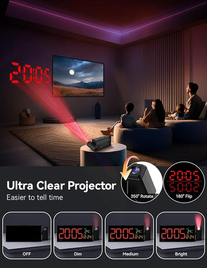 Netzu Projection Clock for Bedroom Ceiling, Alarm Clocks with 180° Rotatable Projector, Date Temperature and Weekday, Manual DST, 5 Brightness, 10 Ringtones, 4 Volumes and Snooze