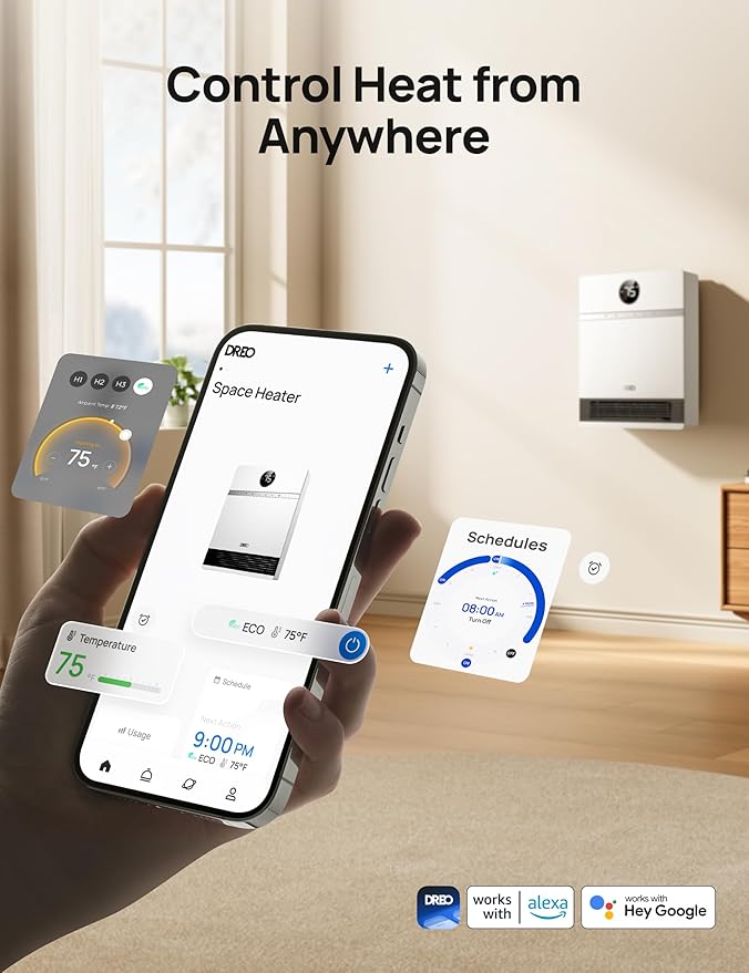 DREO Smart Wall Heater, IP24 Easy-mounted PTC Space Heater for Indoor Use, 30° Oscillation, Adjustable Thermostat, Remote Control, Works with Alexa, 24H Timer, Electric Heater for Bedroom, Office