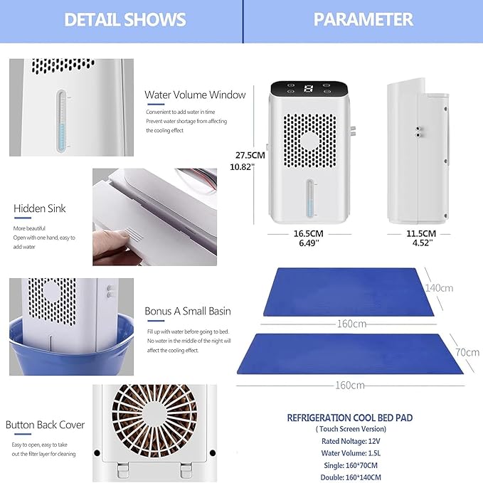 Summer Water Cooling Mattress Pad, Bed Cooling System with Air Conditioner and Touch Screen, Keeps Sleepers Cool, PVC Sleeping Ice Pad for Bed & Sofa,160×70cm