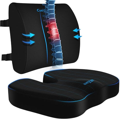 Ergonomic Seat Cushion & Lumbar Support Pillow - Memory Foam for Sciatica Pain Relief & Posture Correction, Non-Slip Chair Cushions for Office Chair/Car/Wheelchair/Travel (Black)