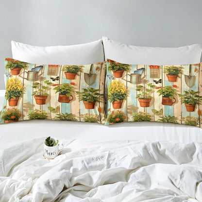 Garden Kids Sheet King Size,Geometric Wooden Plank Bedding Set,Boys Girls Room Decor,Gardening Gardener Butterfly Plants Flowers Rustic Green Bed Sheet Set 4pcs(Fitted + Flat + 2 Pillowcases)