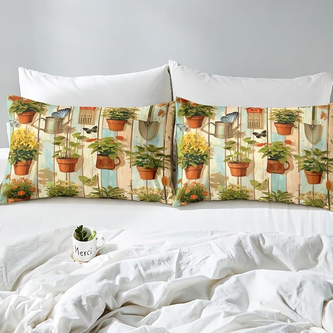 Garden Kids Sheet Full Size,Geometric Wooden Plank Bedding Set,Boys Girls Room Decor,Gardening Gardener Butterfly Plants Flowers Rustic Green Bed Sheet Set 4pcs(Fitted + Flat + 2 Pillowcases)