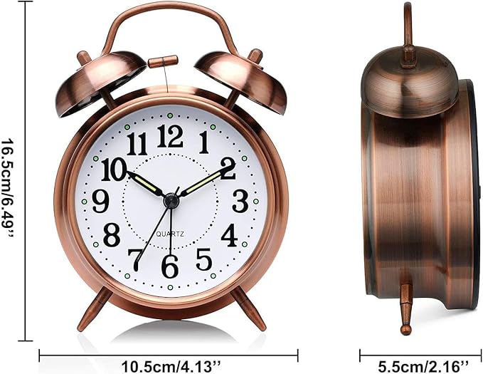 Loud Alarm Clock for Heavy Sleepers Adults, Metal 4 Inches Twin Bell Battery Operated Alarm Clocks for Bedrooms Decoration, Silent Non-Ticking, Back-to-School Gift (Red Brown)