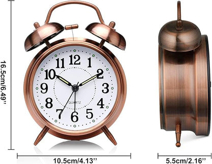 Loud Alarm Clock for Heavy Sleepers Adults, Metal 4 Inches Twin Bell Battery Operated Alarm Clocks for Bedrooms Decoration, Silent Non-Ticking, Back-to-School Gift (Red Brown)