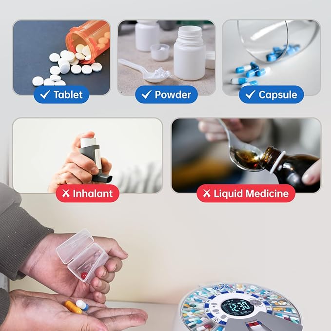 VEXA VitaMate Pro 21 Smart Pill Dispenser with Automatic Rotation, Rising Pill Containers, Sound & Light Alerts, App-Controlled Medication Reminder and Tracker for Tablets, Capsules & Supplements