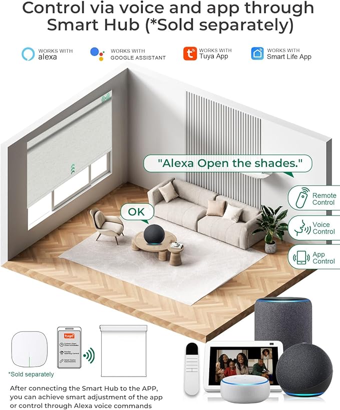 Allesin No Drill Motorized Blinds with Remote | Rechargeable Smart Blackout Roller Shades, Cordless Electric Window Blinds for Bedroom, Living Room, Home Office, Cream-Linen 22x72 Inches
