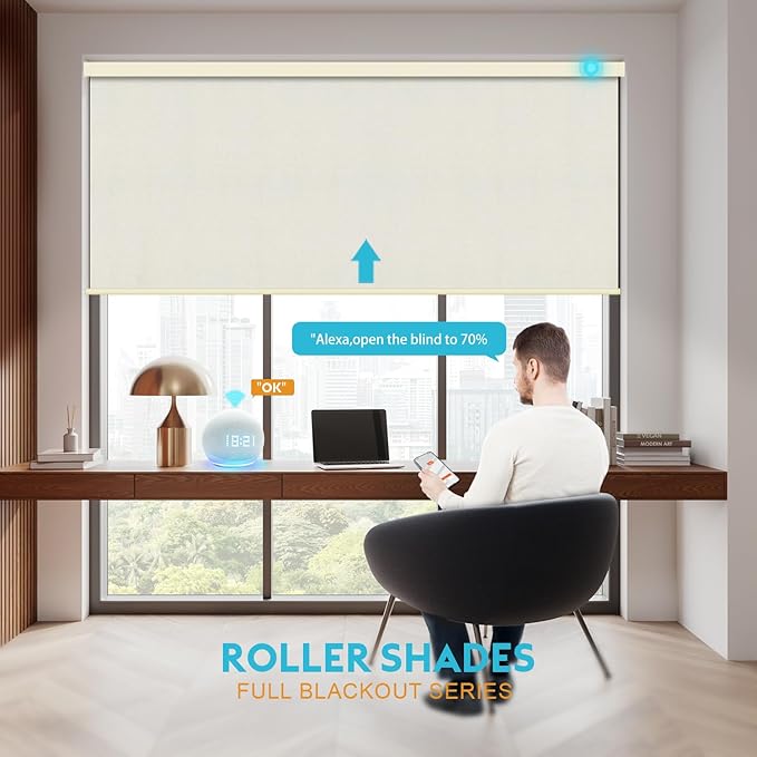 Motorized Blinds with Remote, Smart Blind Roller Shades Compatible with Alexa, Durable Rechargeable Battery Solar Power Electric Window Blinds Motorized Shades Customized Size (Luxury-Beige)