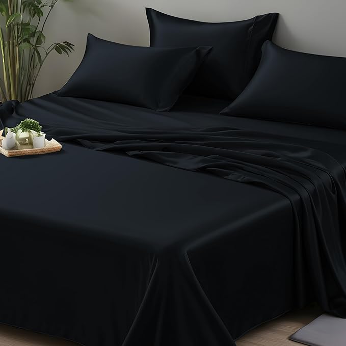 LINENWALAS California King Flat Sheet Only - Rayon Derived from Bamboo Silk Bed Sheet, Premium Cooling, Soft Top Sheet, Black Halloween Bedsheet (Jet Black)