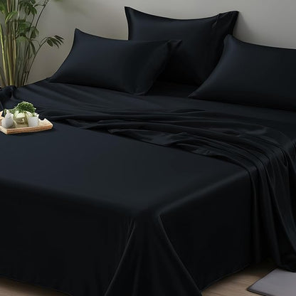 LINENWALAS California King Flat Sheet Only - Rayon Derived from Bamboo Silk Bed Sheet, Premium Cooling, Soft Top Sheet, Black Halloween Bedsheet (Jet Black)