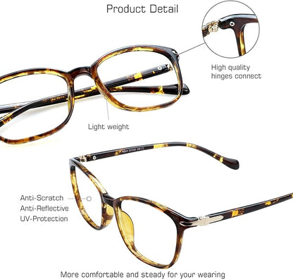VisionGlobal Blue Light Blocking Glasses for Women/Men, Anti Eyestrain, Computer Reading, TV Glasses, Stylish Square Frame, Anti Glare(Tortoise,+4.25 Magnification)