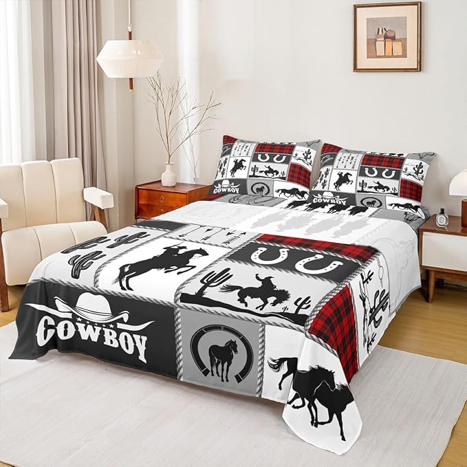 Rustic Farmhouse Horse Kids Sheet Queen Size,Western Cowboy Cactus Bedding Set,Boys Girls Adults Room Decor,Geometric Plaids Arrows Boho Red Xmas Bed Sheet Set 4pcs(Fitted + Flat + 2 Pillowcases)