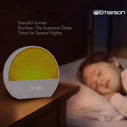 Emerson CKSS7801WM Sunrise Smartset Alarm Clock with White Noise, 4 Soothing Sounds and 2 Wake up Sounds, 8-Color Dimmable LED, Bluetooth Speaker, White with Tan