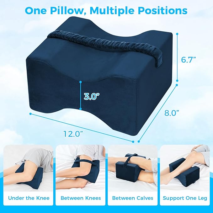 Knee Pillow for Side Sleepers, Memory Foam Leg Pillow with Strap for Side Sleeping, Supportive Elevation Pillow Between Legs for Knee, Ankle Sciatica, Pregnancy, Joint Pain (Blue/Plus)