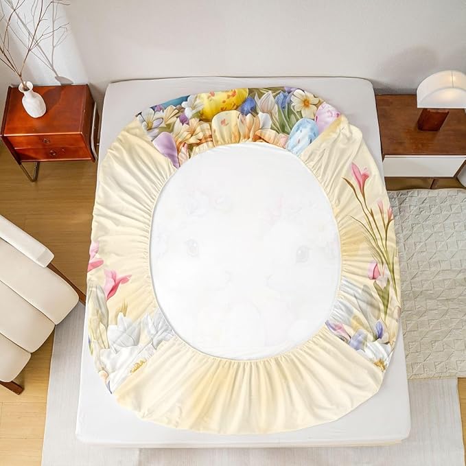 Spring Easter Bed Sheet Queen Size Easter Egg Cute Rabbit Bedding Set Floral Spring Flowers Fitted Sheet Kids Boys Girls Room Decor Yellow Colorful Soft Sheets with 2 Pillowcase,No Top Flat