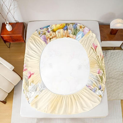 Spring Easter Bed Sheet Queen Size Easter Egg Cute Rabbit Bedding Set Floral Spring Flowers Fitted Sheet Kids Boys Girls Room Decor Yellow Colorful Soft Sheets with 2 Pillowcase,No Top Flat