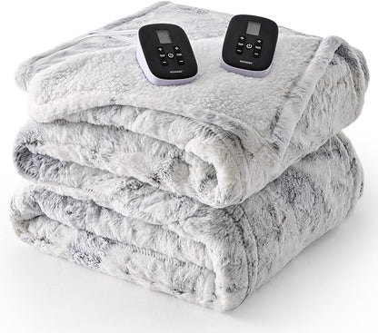 WOOMER Heated Blanket Queen Size Electric Blanket 84"x 90", Faux Fur Fast Heating, 10 Heating Levels & 0.5-12H Auto Off, Dual Control, Over-Heat Protection, ETL Certification