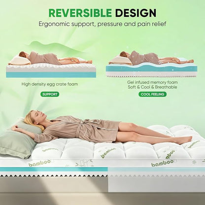 Full Mattress Topper, 3 in 1 Memory Foam Mattress Topper for Back Pain, 2" Fluffy Cooling Mattress Toppers Full Breathable Viscose Made from Bamboo and 2.5" Dual Firmness Gel Memory Foam.