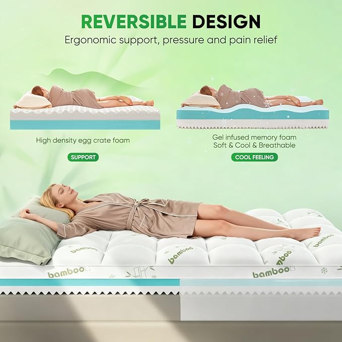 California King Mattress Topper, 3 in 1 Memory Foam Mattress Topper for Back Pain, 2" Fluffy Cooling Mattress Toppers Breathable Viscose Made from Bamboo and 2.5" Dual Firmness Gel Memory Foam.