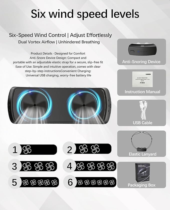 Anti Snoring Devices, Electric Snoring Solution with Adjustable Security Strap, Adjustable 6-Speed, Universal Fit for All Nose Shapes, Portable Sleep Apnea Devices for Men & Women (Charcoal Black)