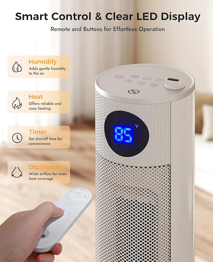 Space Heaters for Indoor Use - Portable Tower Heater with Humidifier, Remote, Adjustable Thermostat, 3 Heat Modes, Multiple Safety Protection, 12H Timer, Quiet Electric Heater for Bedroom