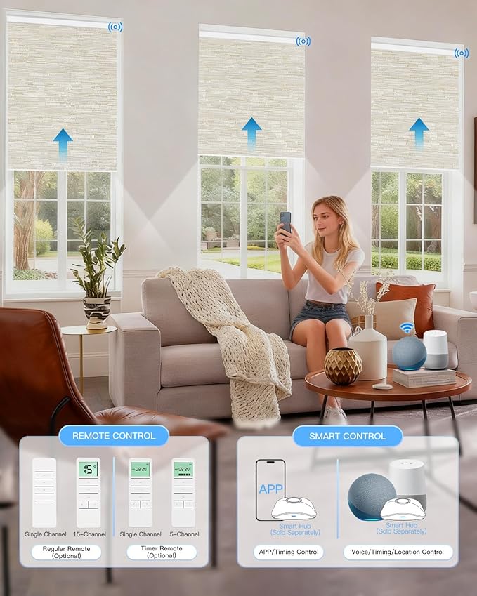 Motorized Roller Shade with Remote Control, Blackout Electric Shade for Windows Compatible with Alexa Google via Hub, Rechargeable Smart Window Blind Customized Size (Texture Light Coffee)